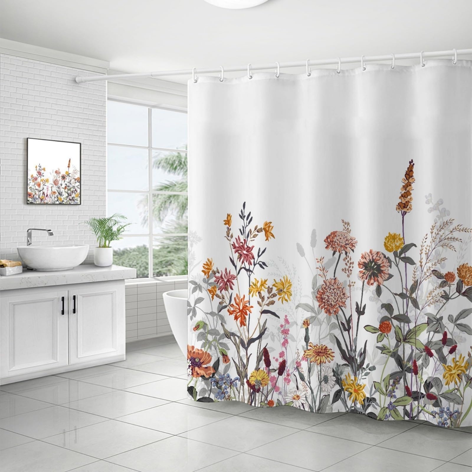 Shower Curtains Orange Yellow Retro Wet Room Shower Curtain Mould Proof Resistant Waterproof Polyster Fabric Washable with 12 Hooks Garden Bathroom Curtains (180x200cm)