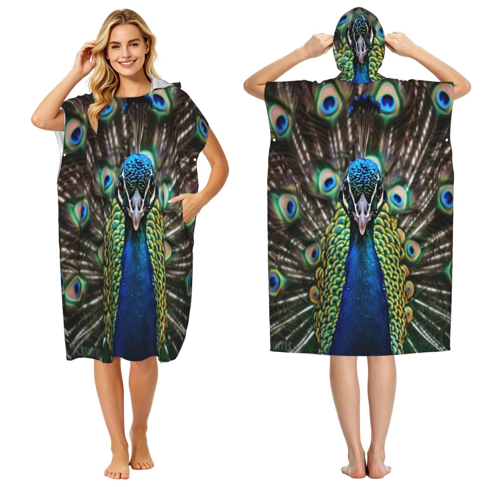 DTHKJNLSF Peacock Displaying Its Tail Adult Hooded Beach Poncho Towel
