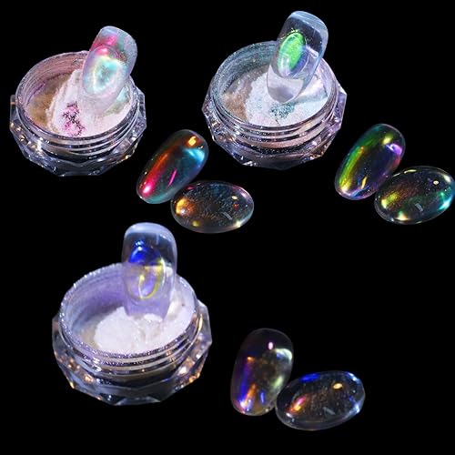 3 cajas de polvo de uñas Aurora transparente de hielo, arco iris, neón, holográfico, camaleón, pigmento iridiscente, pigmento iridiscente perlado