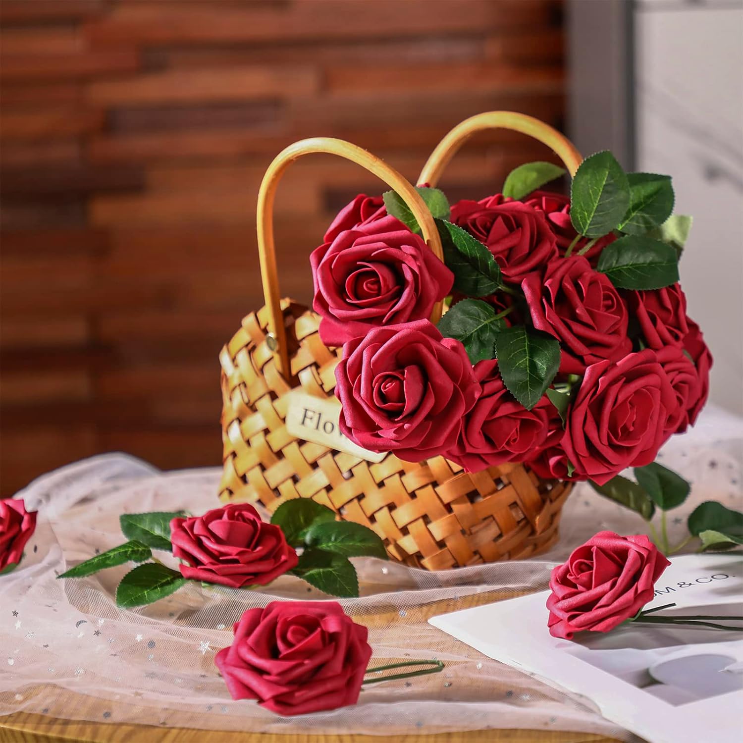 100 Pieces Artificial Foam Rose Flowers Faux Bouquet with Leaves and Stems for DIY Wedding Bouquets Centerpieces Bridal Shower Party Valentine Home Decorations(Burgundy)