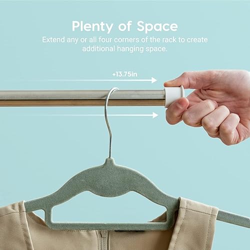 Vista 23 de IRIS USA - Perchero portátil de doble barra de altura ajustable con barra extensible y ruedas bloqueables, ropa rodante, estante de armario de doble