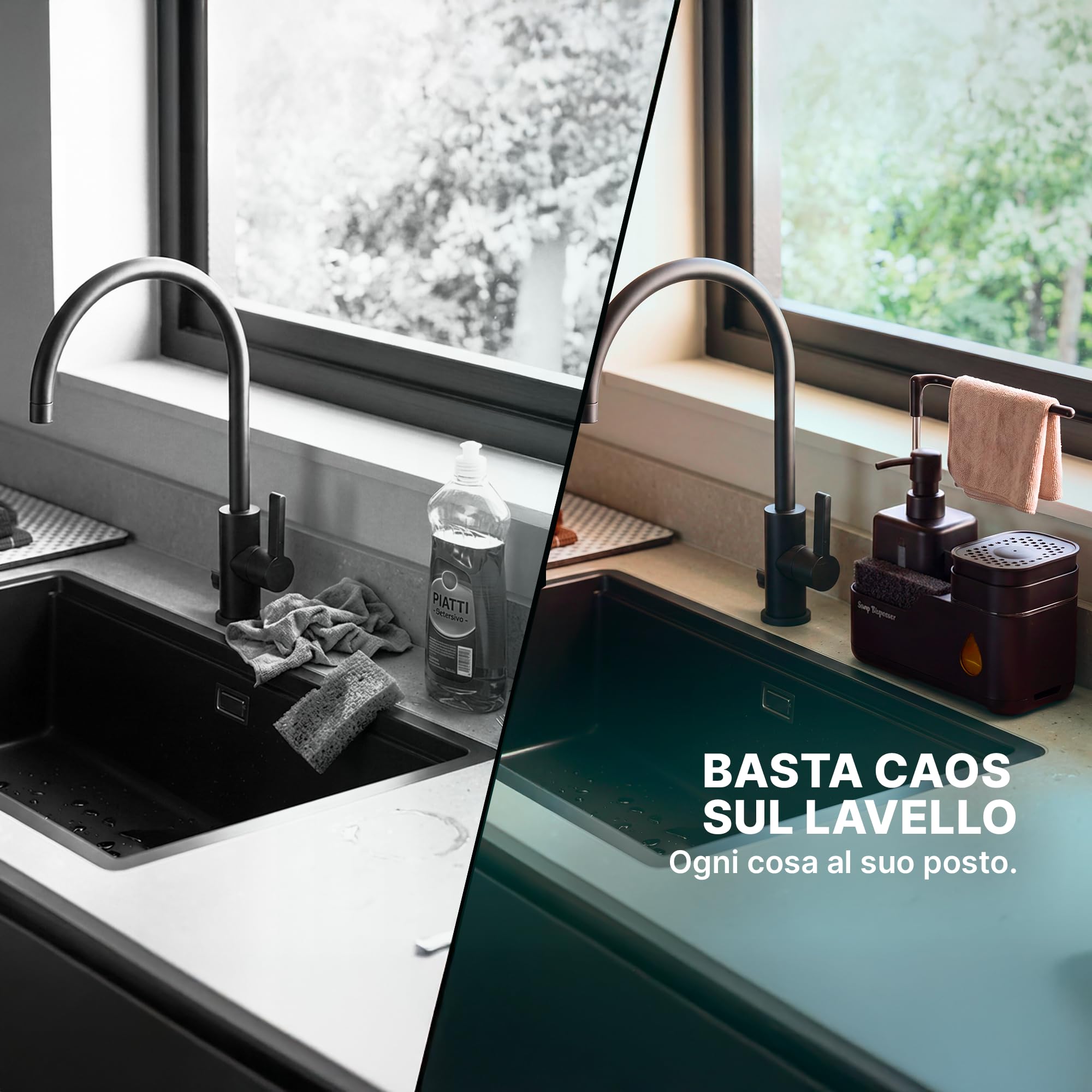 Dispenser Sapone Cucina, Dispenser Sapone Piatti 5 In 1 Con Click Con Porta Spugna, Porta Panno, Porta Spazzola E Dispenser Sapone Mani | Set Lavello