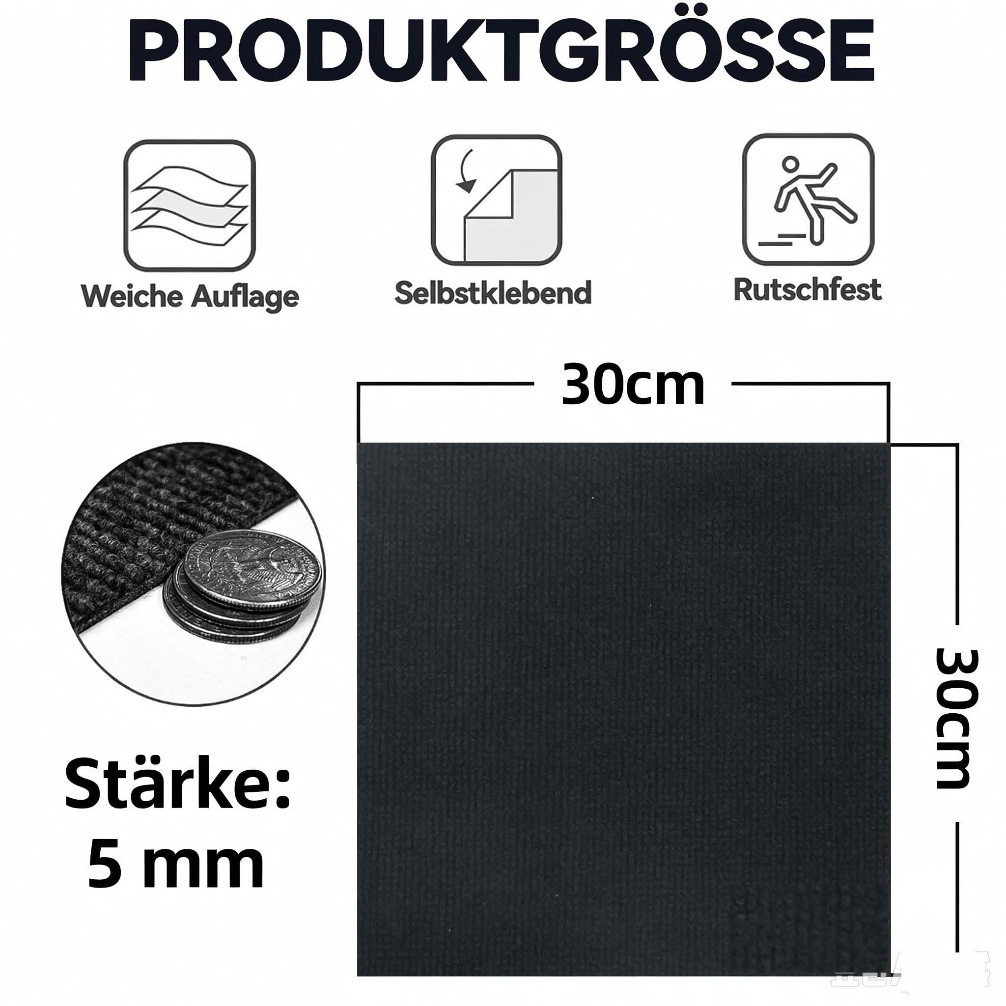 Selbstklebende Teppichfliesen 30x30 cm Dunkelgrau, 20 Stück Schwarz