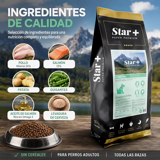Foto 2 de 7 de POPAS Star+ Pienso para Perros Adultos Sin Cereales, Grain Free con Pollo y Salmón