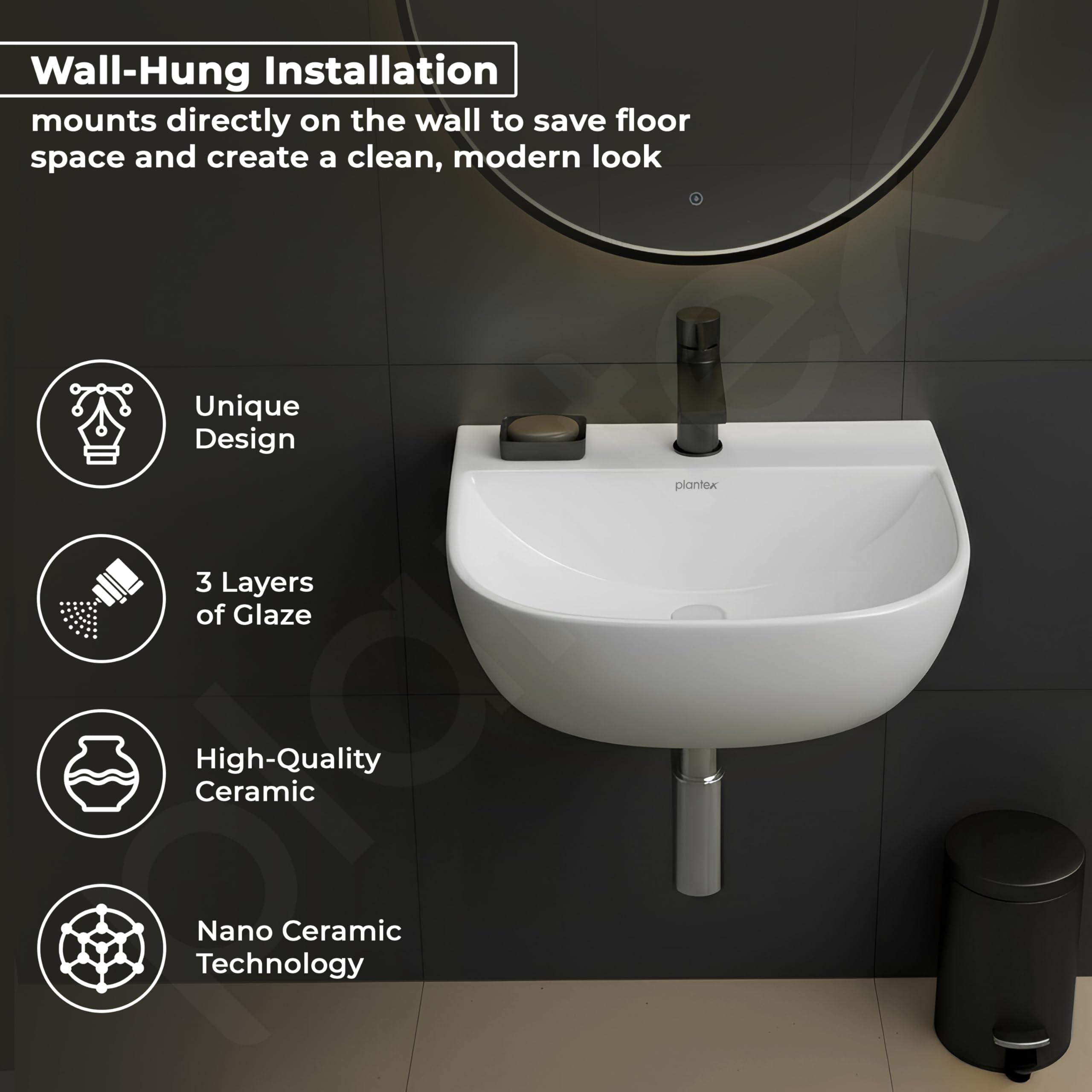 Plantex Orchid Ceramic Wash Basin - Wall Mounted Sink -2
