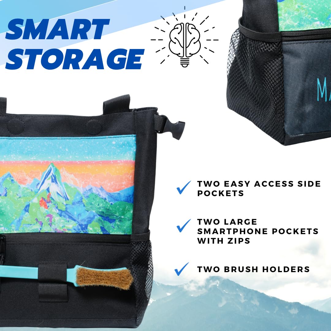 Madu Climb Bouldering Chalk Bucket – Large Self-Standing Chalk Bag with Magnetic Closure, Fleece Lining, Zippered Pockets & Brush Holders – Artistic Blue Design