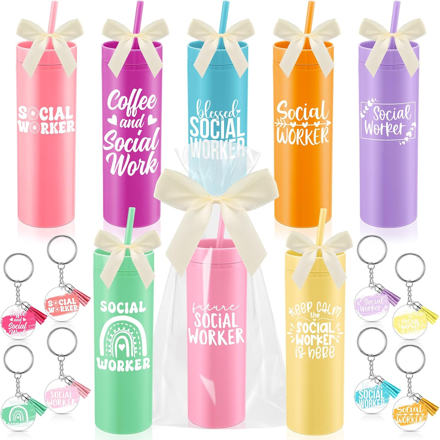Honeydak 8 Pcs Social Worker Appreciation Week Gifts 16oz Plastic Cups with Lids and Straws Keychains Bow OPP Packaging Bag Social Worker Graduation Gifts Thank You for Team Staff(Bright,Rainbow)