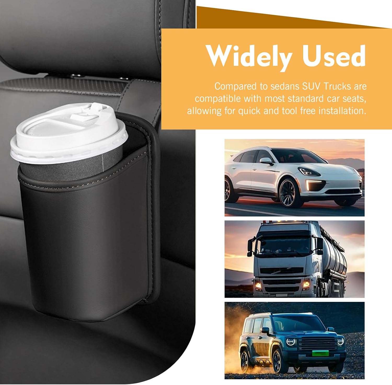 2 PCS Car Seat Back Headrest Cup Holders, Leather Large Capacity Organizer for Cup & Phone & Trash, Anti-spill Multi-functional Hanging Storage Bag, for Cars SUVs Trucks (Black)