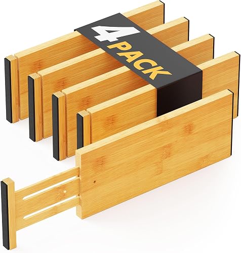 SpaceAid Bambusowe 4-pak przegródek do szuflad komody, wysokość 11,8 cm, regulowane organizery do szuflad 32-43 cm, rozszerzalna organizacja na ubrania, ubrania, komody, naturalne