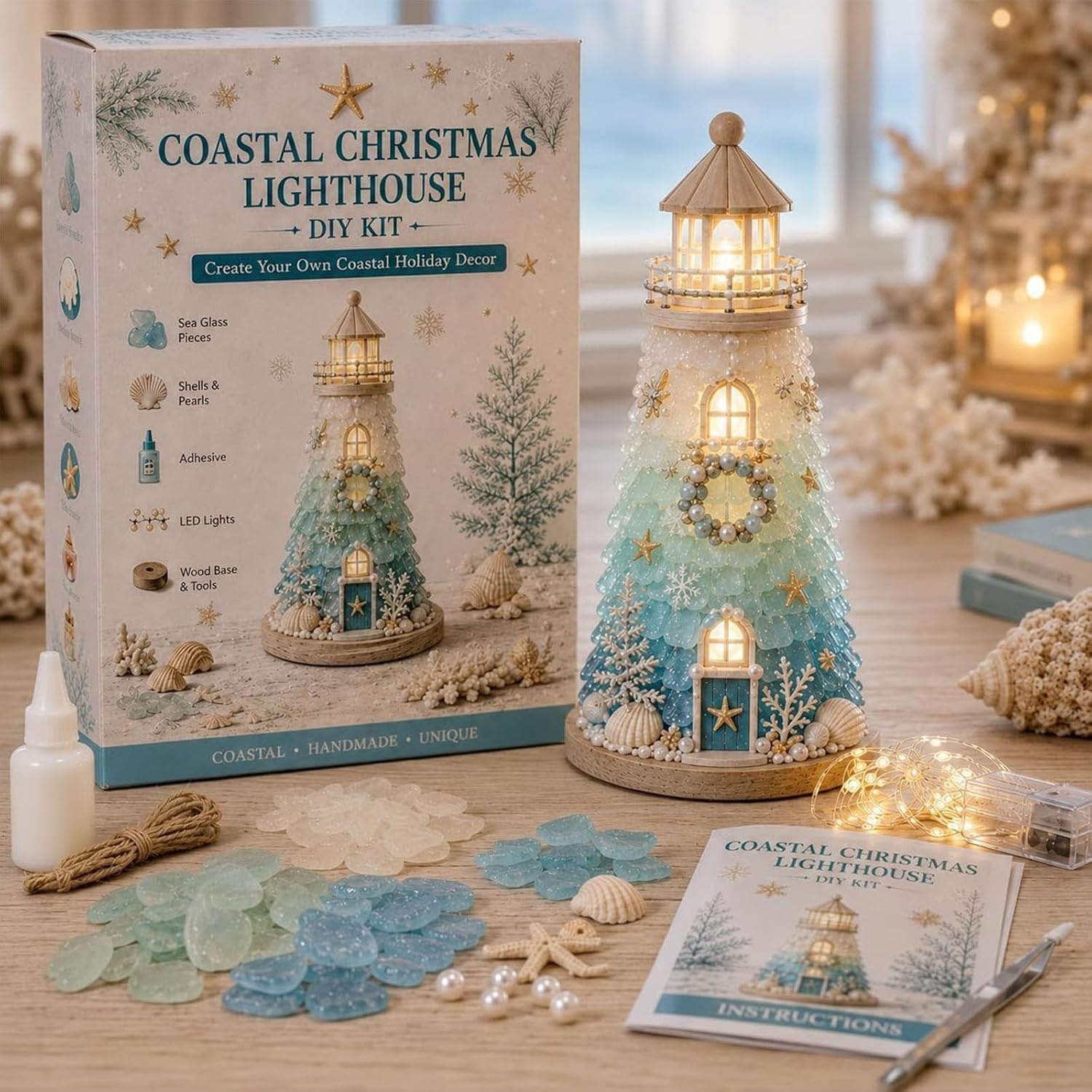 DIY Lighted Sea Glass-Style Lighthouse Kit for Creative Adults