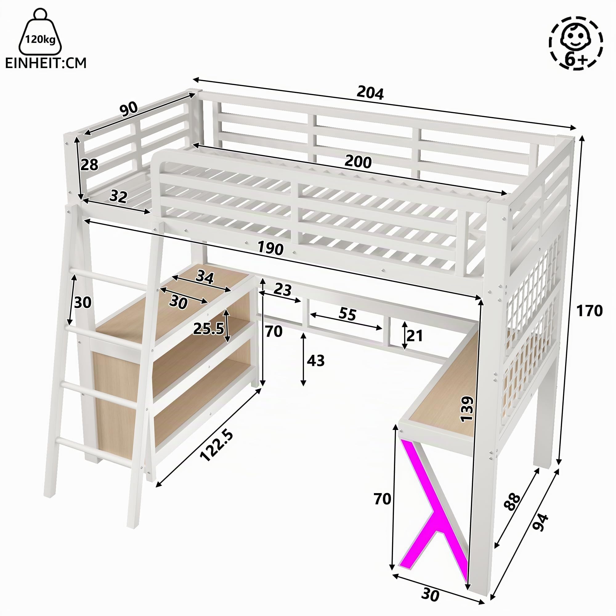 Hochbett Metall 90x200 mit LED,Ablagen,Schreibtisch,Kinderbett Etagenbett