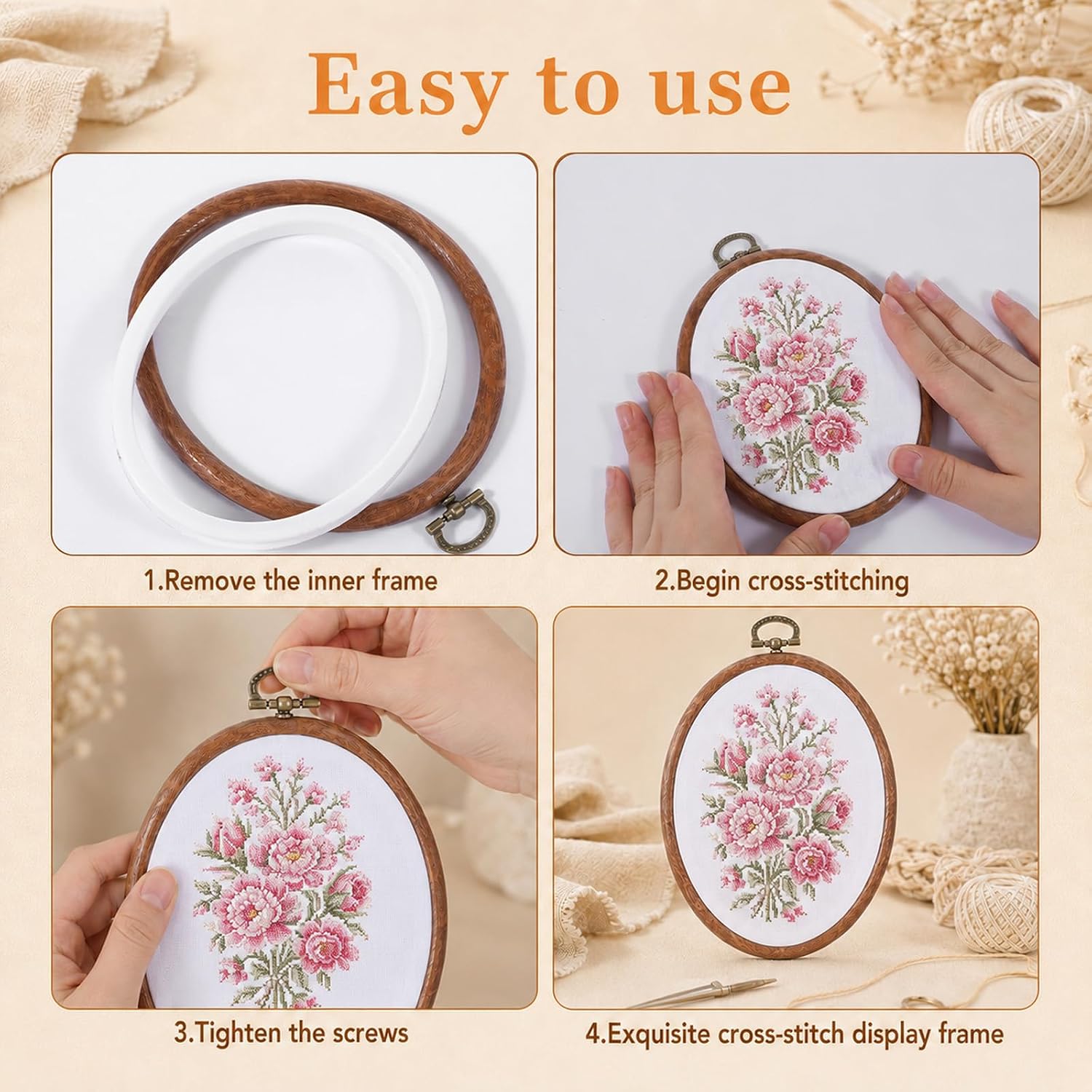 Sibba 5 Pcs Small Embroidery Hoops Oval Imitated Wood Cross Stitch Hoop