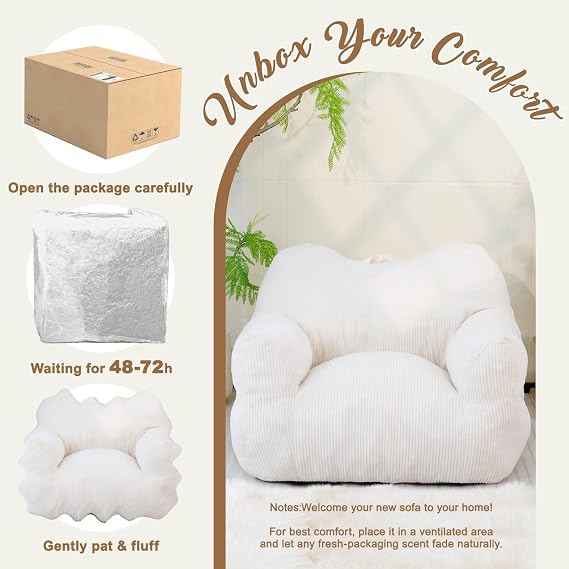Giant Bean Bag Chair for Adults, Cozy Beanbag Chair with Armrests for Bedroom Living Room, Large Boneless Chair Floor Bean Bags with Handle Non-Slip Base -Beige