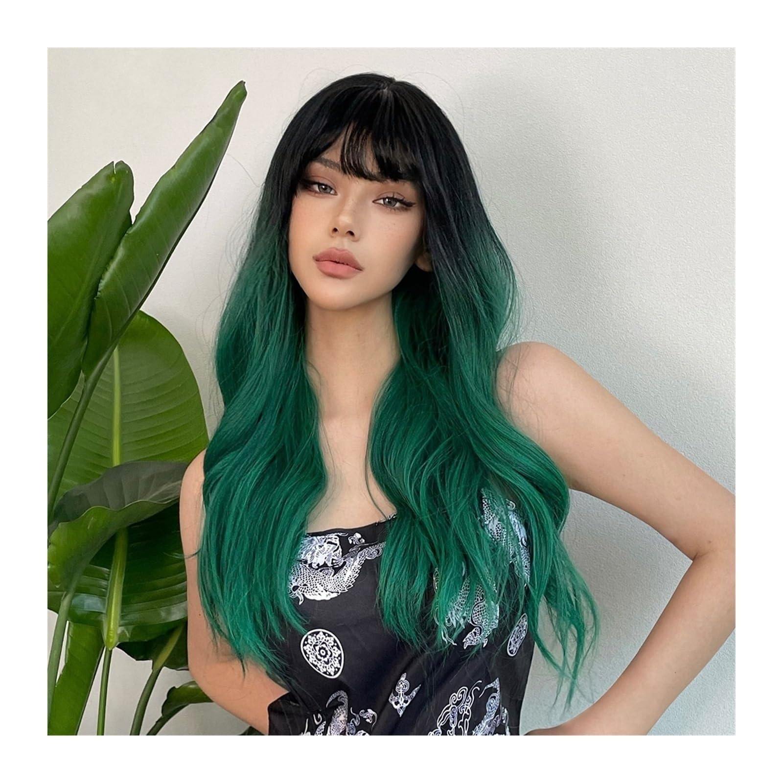 Parrucche Parrucche Sintetiche Alpine Lunghe e Ricci Ondulate Verde Foresta con Frangia Cosplay for Capelli di Halloween for Feste Afro da Donna Parrucche Donna