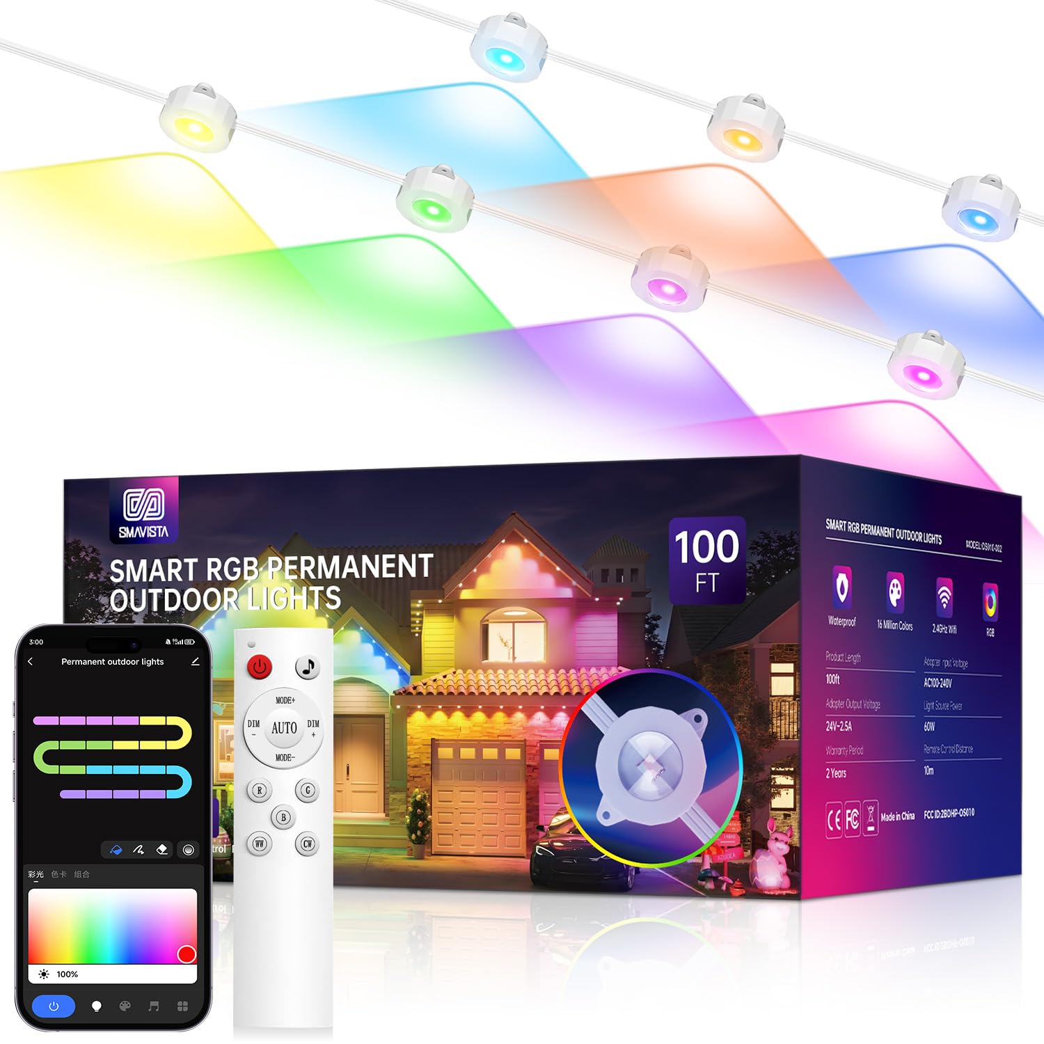 SMAVISTA Smart Permanent Outdoor Lights, 100ft with 72 LED RGB
