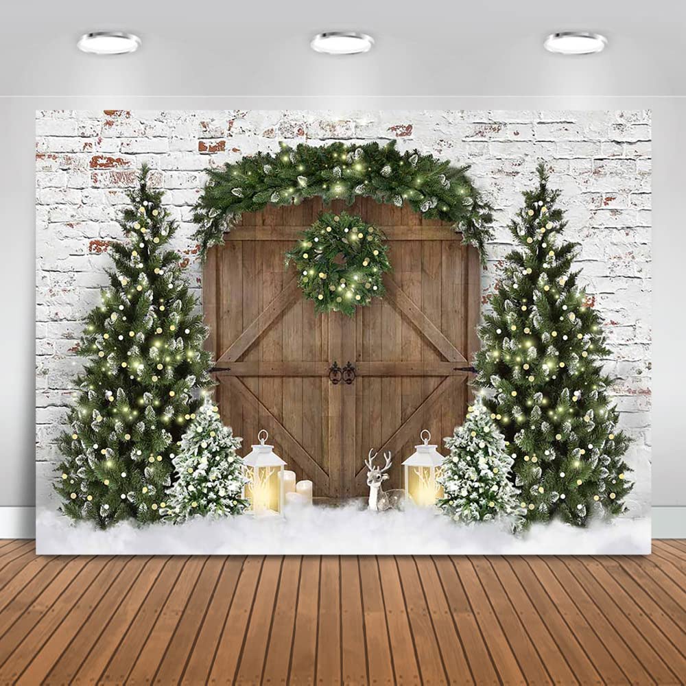Mocsicka Christmas Wood House Photography Backdrop Xmas Tree Snow Wreath Photo Background Rustic Barn Door Family Kids Holiday Portrait Photo Booth