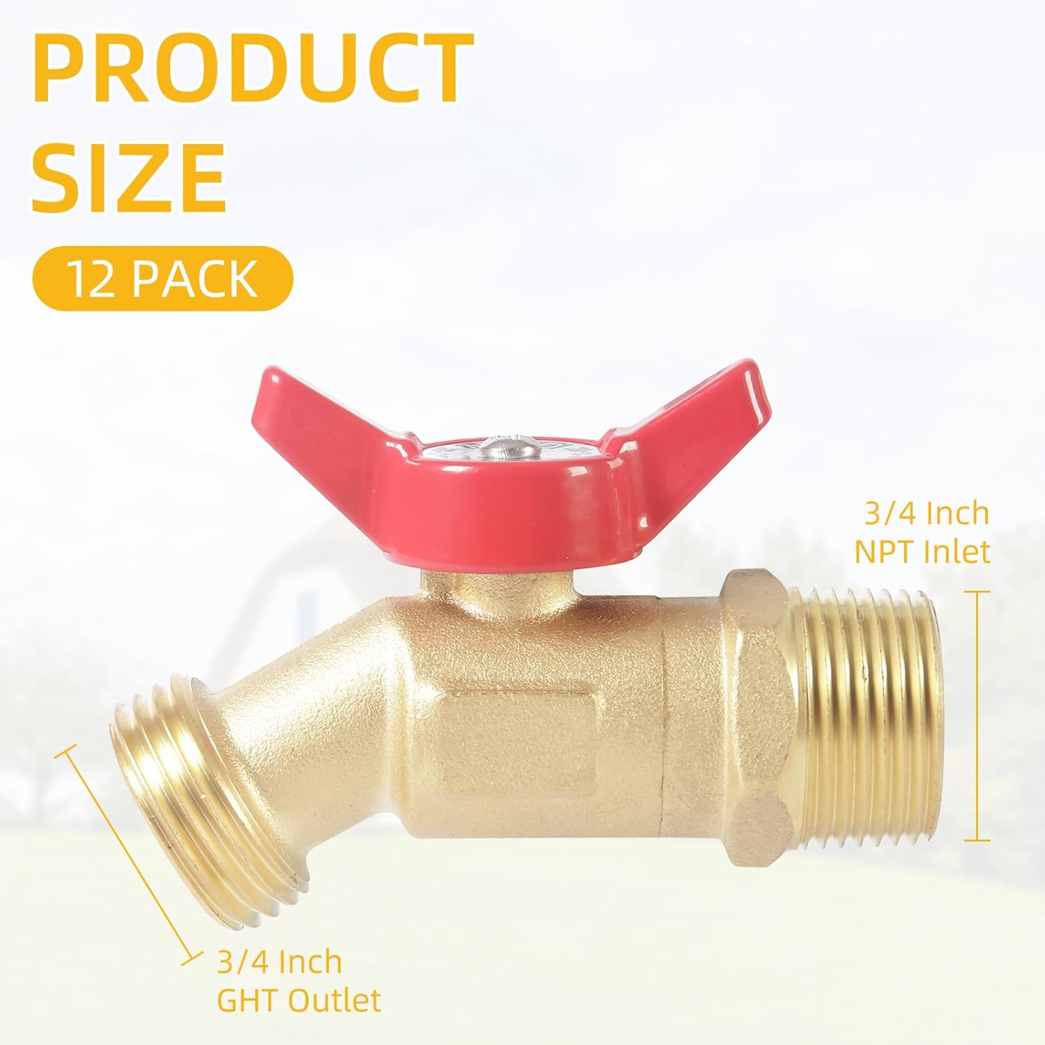 12 Pack Hose Bibb Brass Ball Valve, 3/4" Male NPT Inlet x 3/4" Male GHT Threaded Garden Hose Outlet Connector, 1/4-Turn Sillcock Water Spigot Hose Bibb Valve (3/4" x 3/4")