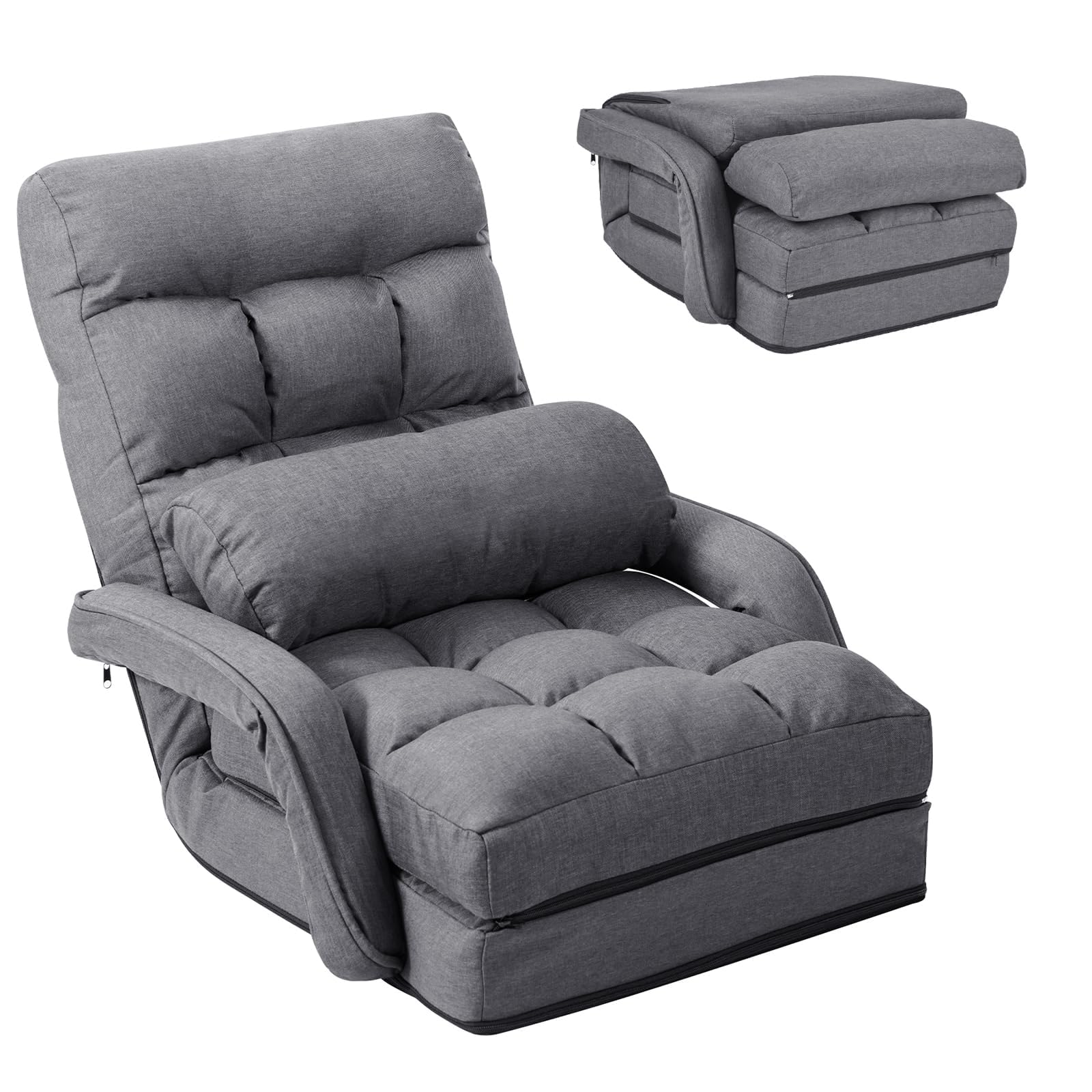RELAX4LIFE Poltrona Pieghevole con Cuscino, Sedia da Terra Regolabile in 5 Livelli, Divano e Letto, Poltrona Reclinabile, Ergonomico, Comodo Tessuto e Imbottitura (GRIGIO)