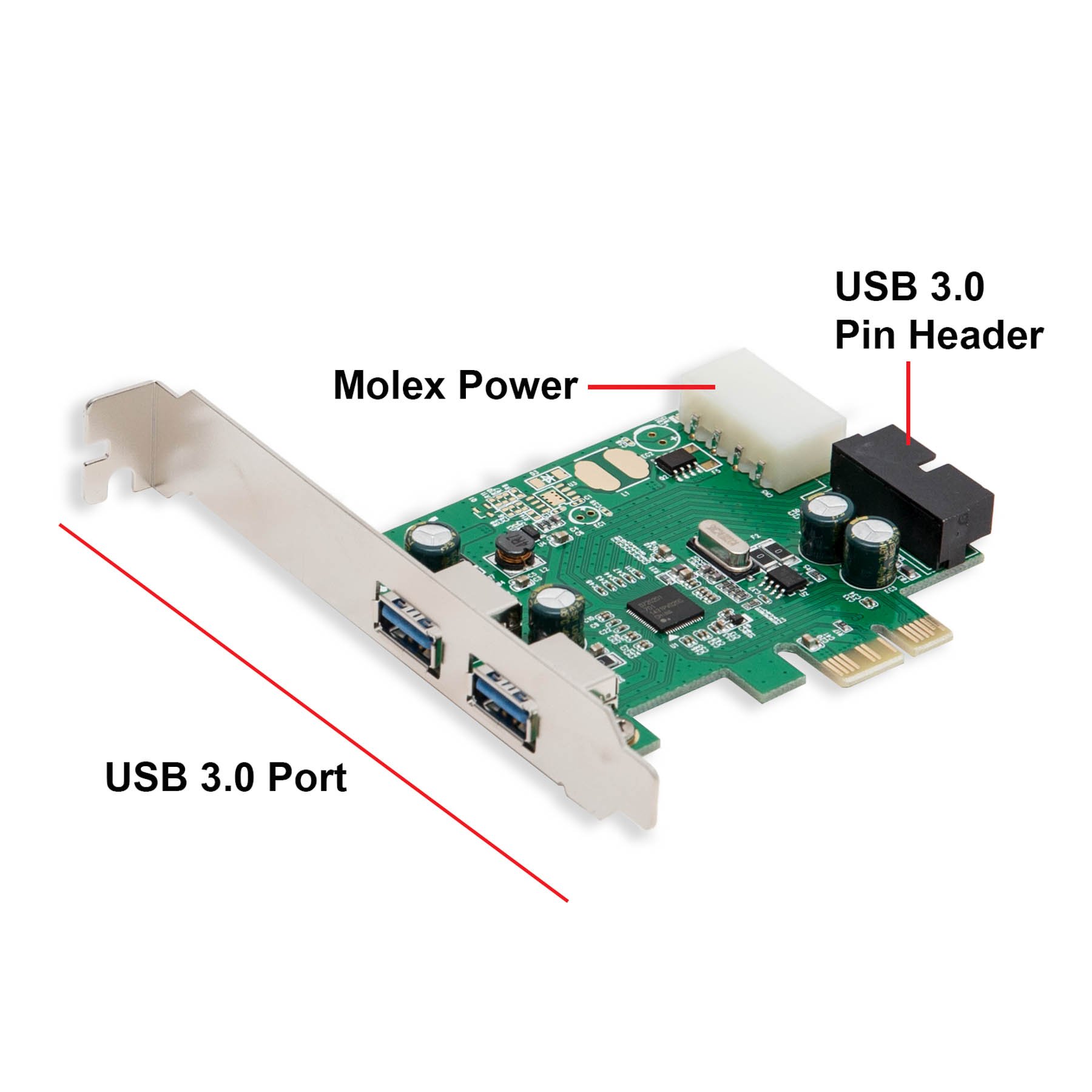 2 puertos USB 3.0 externos y cabezal interno de 19 pines PCIe 2.0 x1 – 4 puertos USB 3.0 PCI-Express x1 Renesas D720201 Chipset Molex Power Entrada 7
