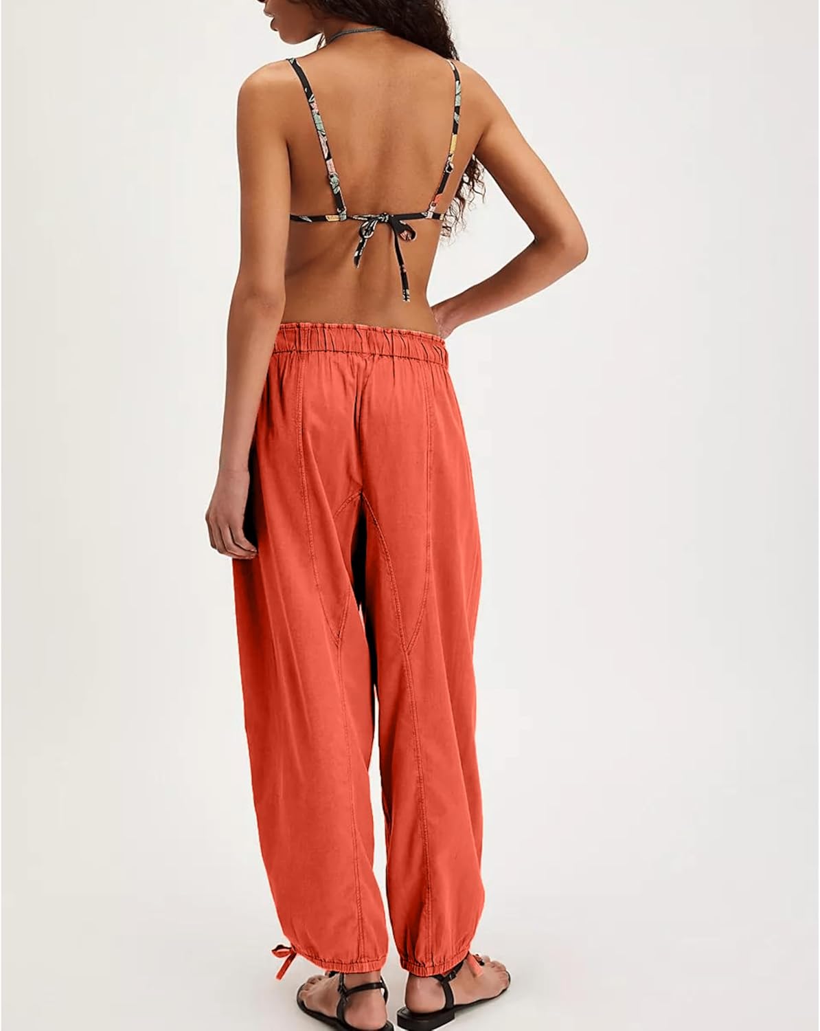 Aimiray Women's High Waisted Wide Leg Linen Pants Elastic Drawstring Casual Flowy Barrel Pants with Pockets - Image 3