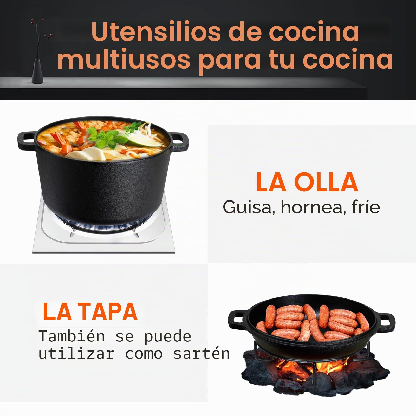 Overmont Olla Holandesa 4.73 L/ 5 Quart Cacerola de Hierro Fundido Tapa de Doble Función Sartén Plancha Pre Sazonado con Cubiertas de Manijas para Camping Cocina Casera Barbacoa Hornear