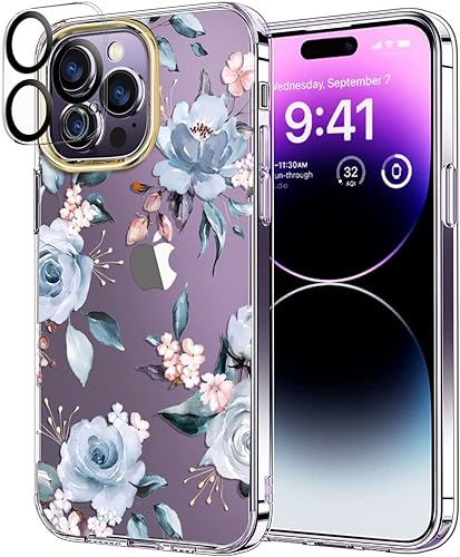 luolnh Funda compatible con iPhone 14 Pro con flores, para mujeres femeninas, a prueba de golpes, patrón floral transparente, cubierta trasera dura