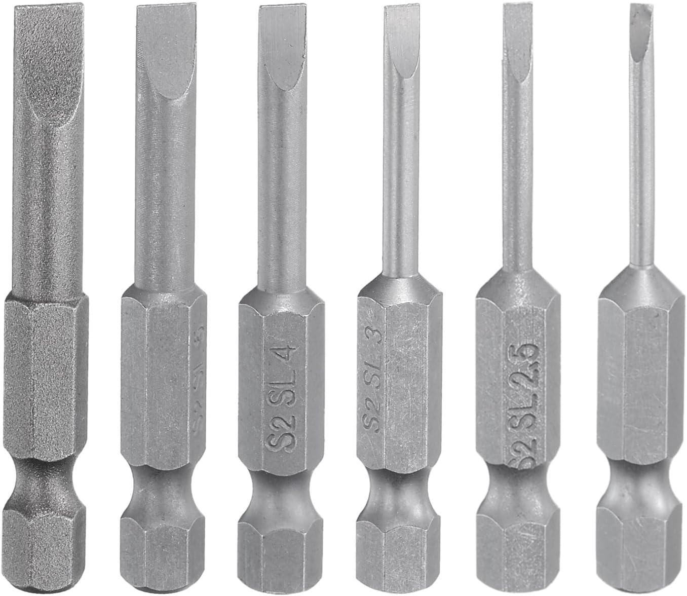 HARFINGTON 6pcs Slotted Screwdriver Bit Set SL2.0/SL2.5/SL3.0/SL4.0/SL5.0/SL6.0 S2 Steel 1/4" Hex Shank 2" Length Magnetic Flat Head Power Drill Bits