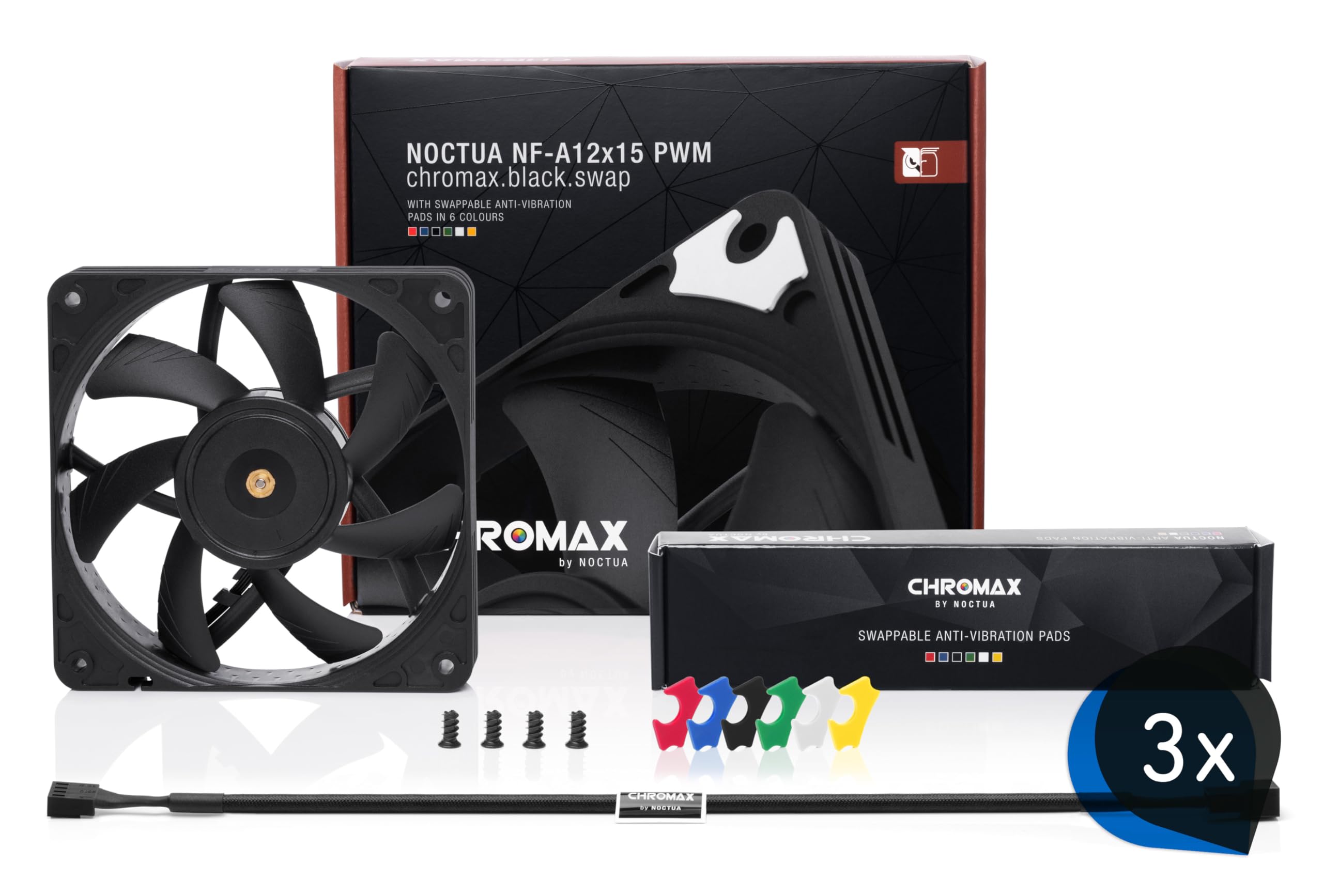 Noctua Paquete: 3x Noctua NF-A12x15 PWM chromax.black.swap, Ventilador Silencioso y Delgado, 4 Pines (120x15 mm, Negro)