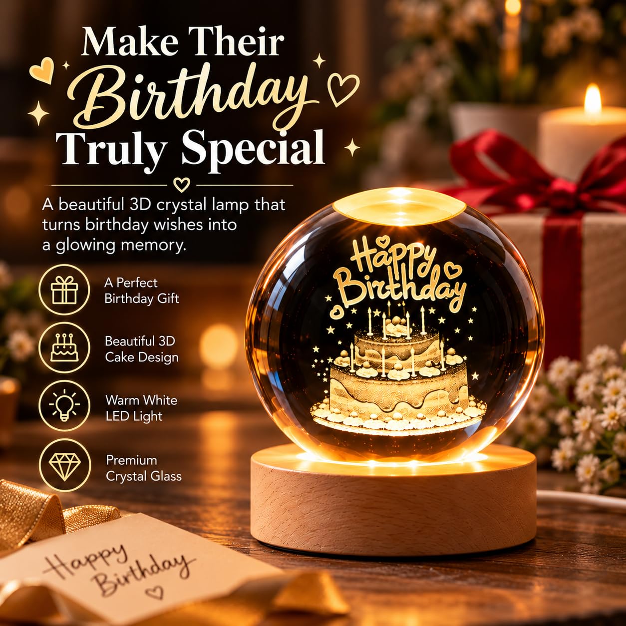 Happy Birthday Crystal Ball Lamp - USB LED Night Light -2 Happy Birthday Crystal Ball Lamp - USB LED Night Light -2
