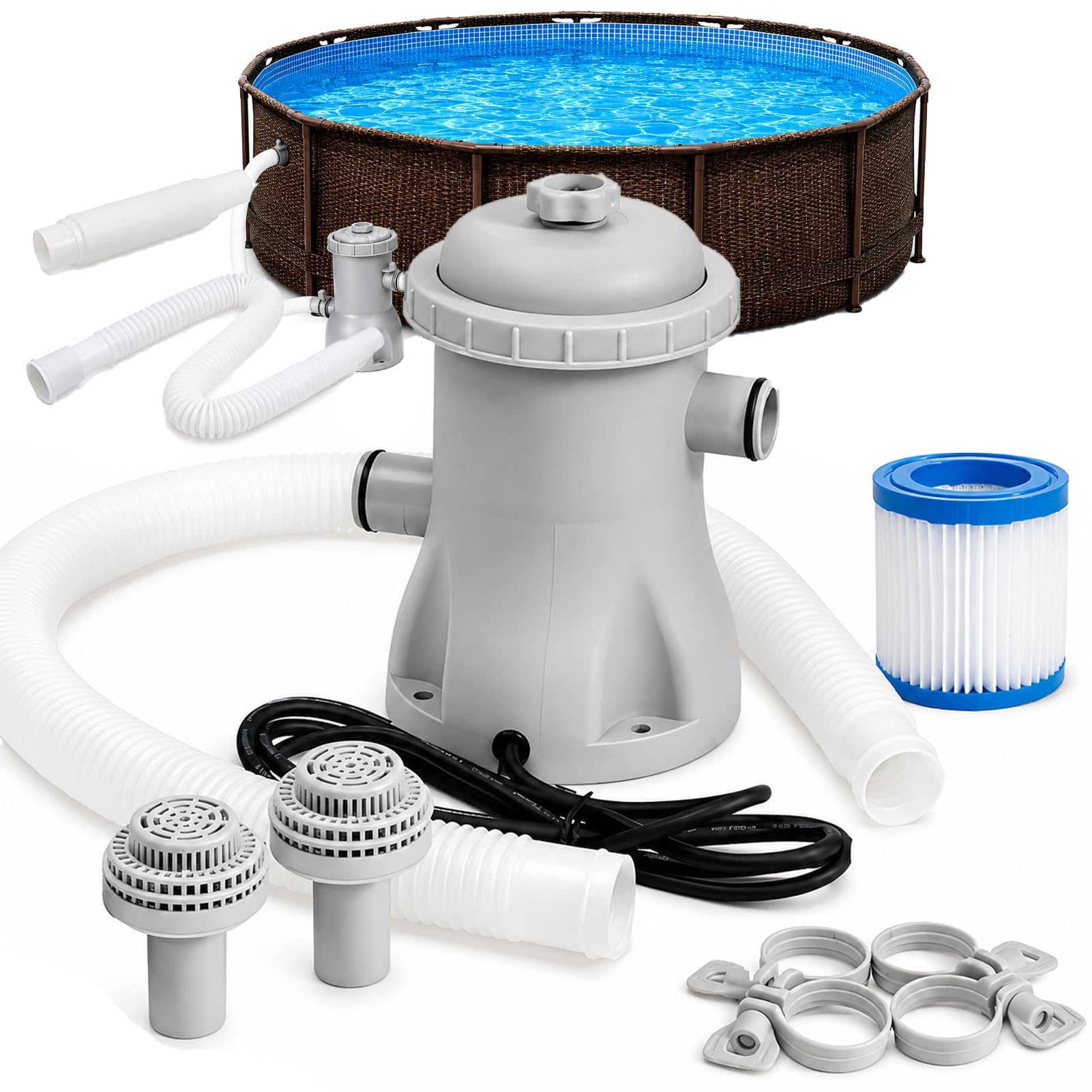 Pompa filtrante per piscina, 330 galloni per piscine gonfiabili fuori terra, pompe efficienti per filtri a cartuccia, sistema di pompe di filtri elettrici, tubi da 32 mm, 16 W a basso rumore