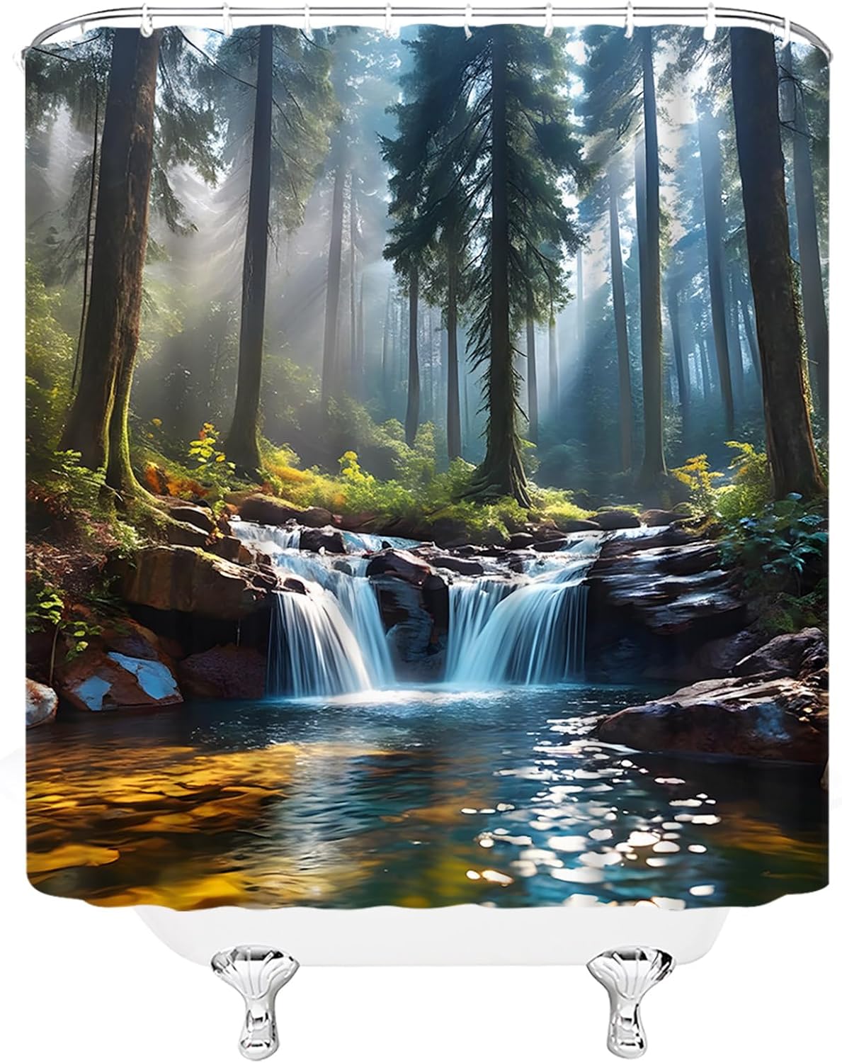 Waterfall Shower Curtain Misty Forest Tree Woodsy Tropical Jungle Natural Landscape Bathroom Decor Polyester Curtains with Hooks
