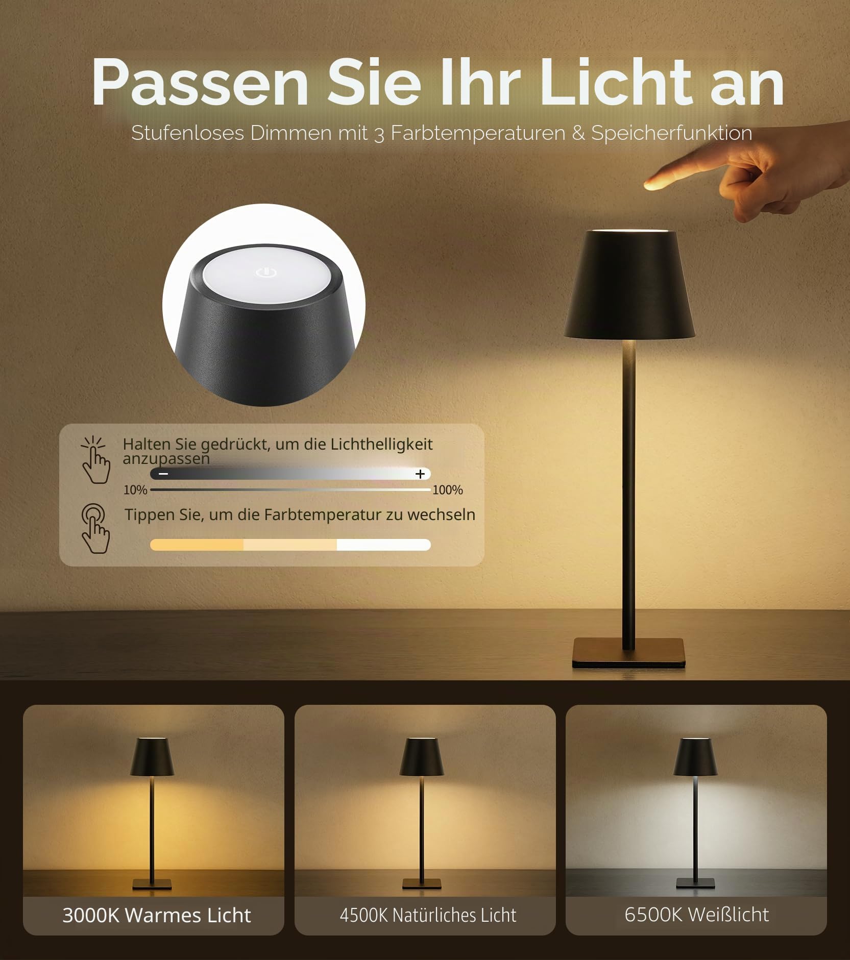 UME Kabellose Tischlampe, batteriebetriebene Lampe – tragbare, wasserdichte, wiederaufladbare Tischlampe mit 3 Farbtemperaturen und stufenlosem Dimmen für Abendessen, Schreibtisch, Café (3, Schwarz)