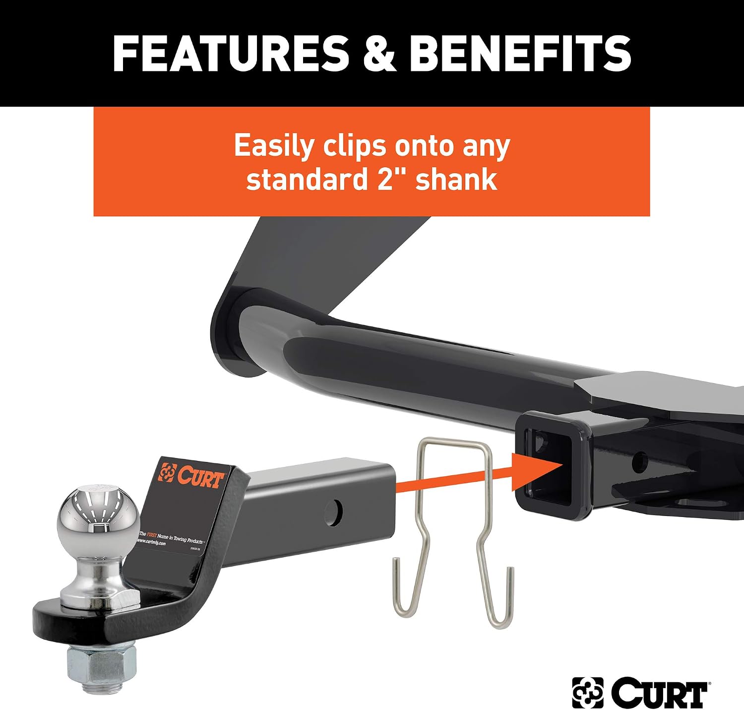 CURT 45807 Trailer Safety Chain Holder Bracket for 2-inch Shank, Clip-On Stainless Steel Hanger Hooks