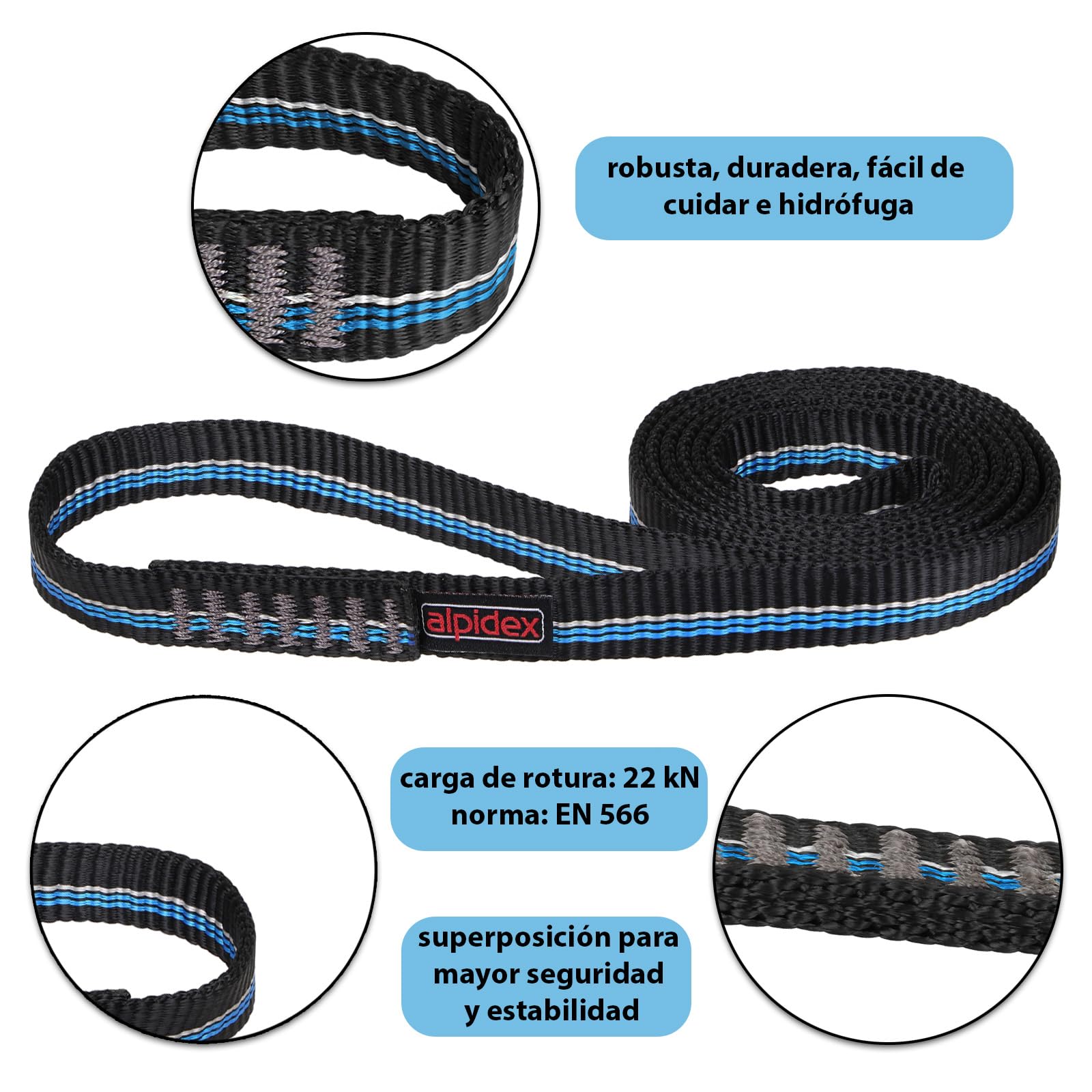 ALPIDEX Eslingas de cinta escalada poliamida 60 80 100 120 cm conjunto 4 piezas