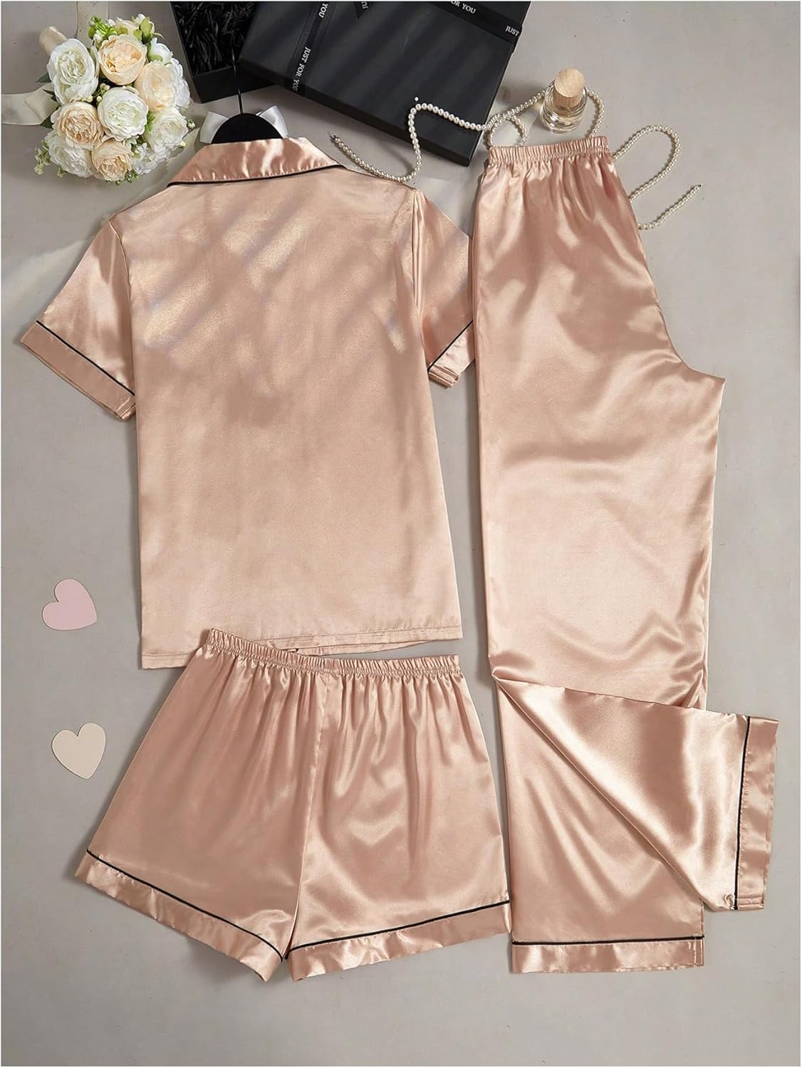 Women's 3 Piece Satin Pajama Set Summer Button Down Short Sleeve Shirt and Shorts with Pants Sleepwear - Image 2