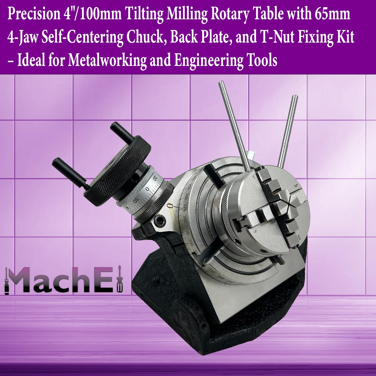 MachEl Precyzyjny stół obrotowy 4"/100 mm z 4-szczękowym samocentrującym uchwytem 65 mm, płytą tylną i zestawem do mocowania nakrętki T - idealny do obróbki metali i narzędzi inżynieryjnych