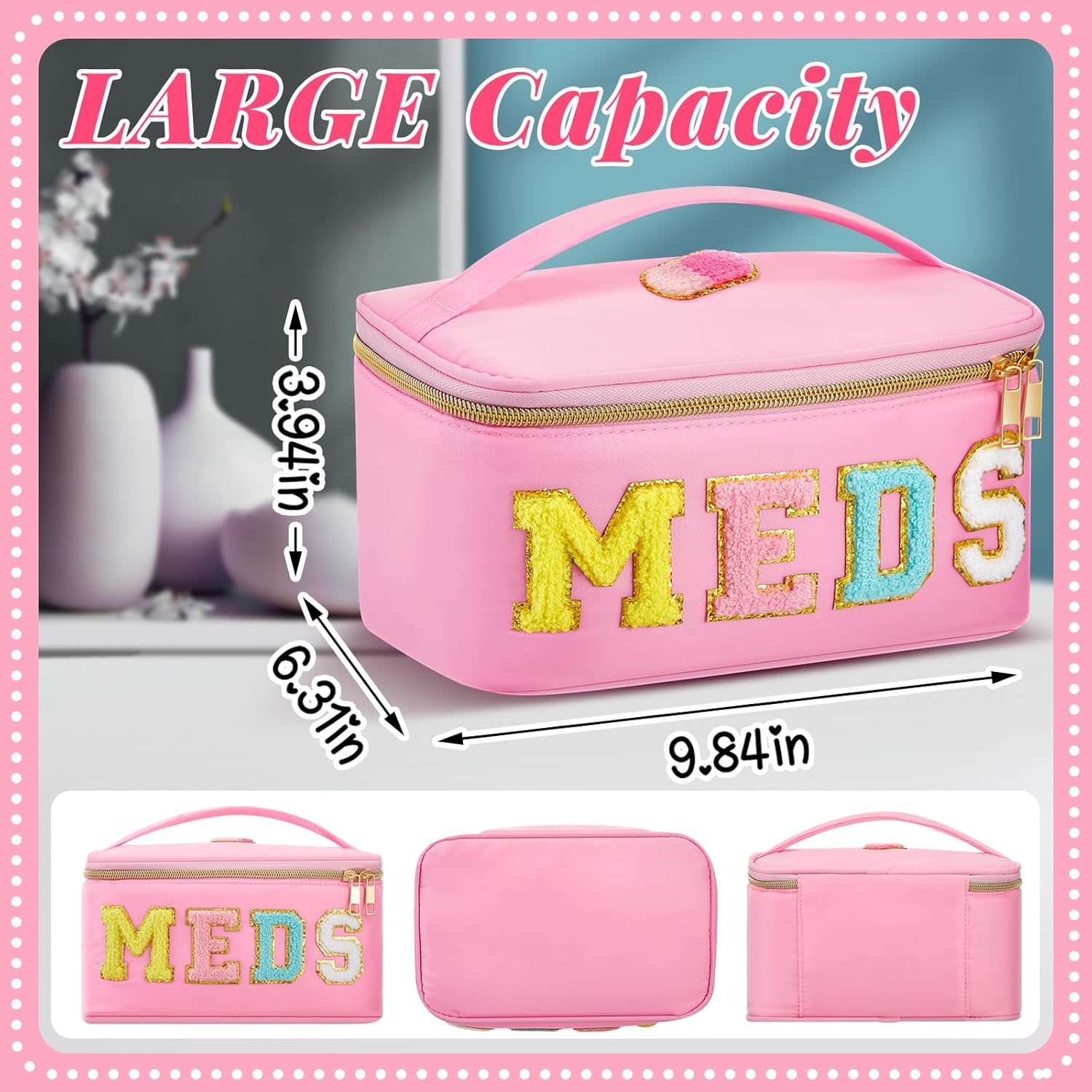 Geetery Clear Makeup Bag Chenille Letter Meds Bag Travel Cases Preppy Patch with Zipper, Portable Cosmetic Toiletry Storage case for Women(Meds,Pink) - Image 3