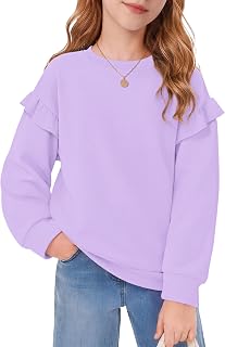 Girls Sweatshirt Crewneck Ruffle Pullover Kids Cute Fall Tops 5-16 Y | Teen girls hoodless hoodies, long sleeve loose shirts, ruffle shoulder accents, suits for school, lounge & outdoor