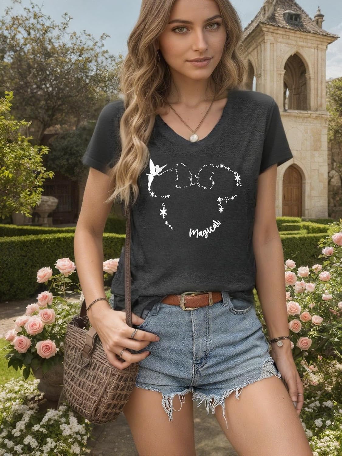 Magical T Shirt Women Believe in Magic Tees Cute Graphic Printed V Neck Tee Family Vacation Trip Short Sleeve Shirt Top - Image 3