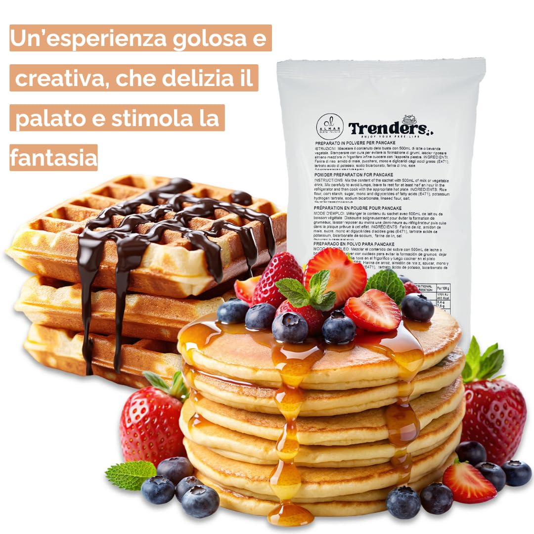 Almar Préparation Pancakes et Gaufres Vegan Sans Gluten, Sans œufs ni lait, Avec Graines de Lin et Oméga 3, Usage Pro et Maison, 16x500 g + Totem + 6 Menus