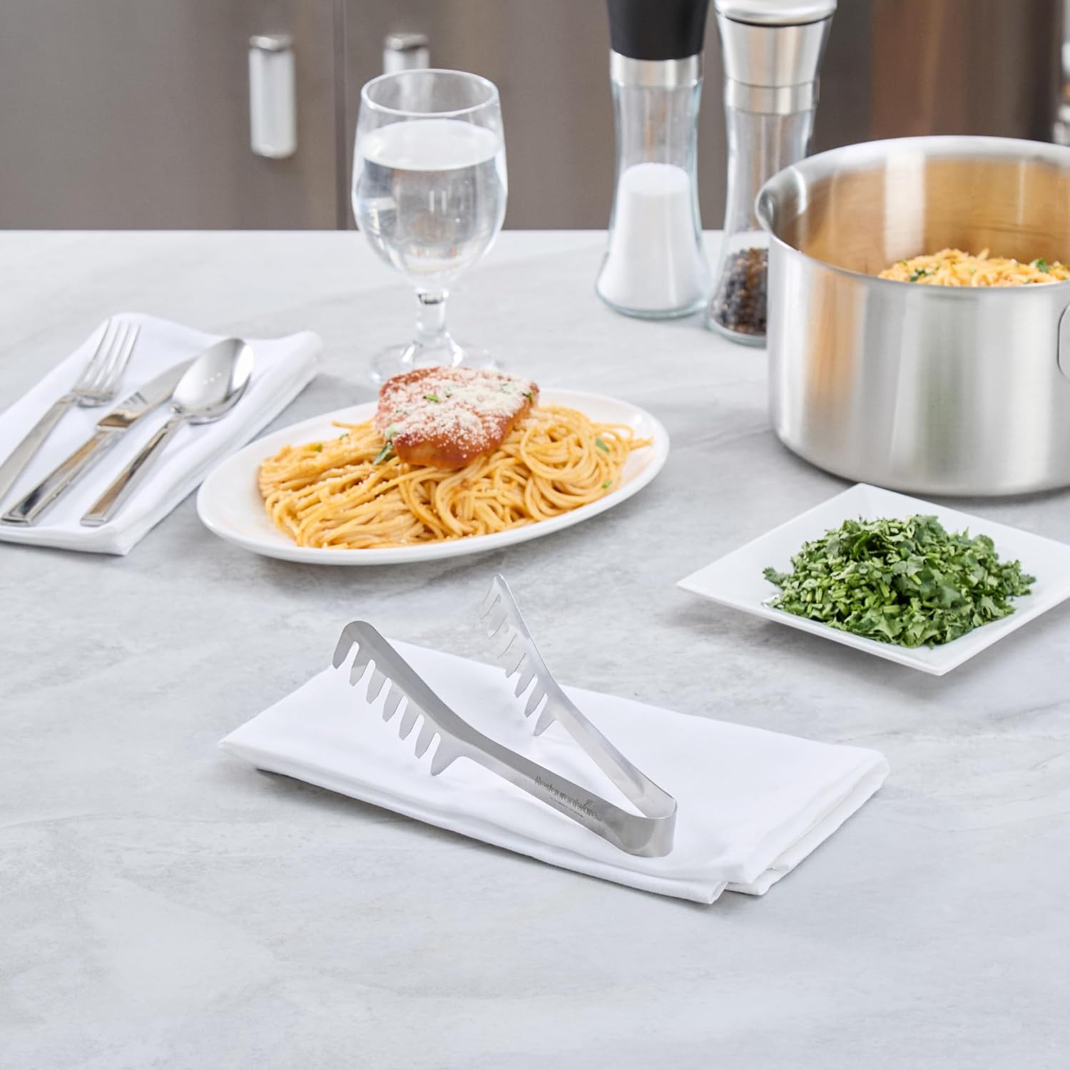 Restaurantware Pasta Tongs - 360 Count - Met Lux 7.68" x 2.95" Stainless Steel Spaghetti Tongs, Heavy Weight, Easy Grip, Dishwasher Safe - Ideal For Pasta Serving and Buffets