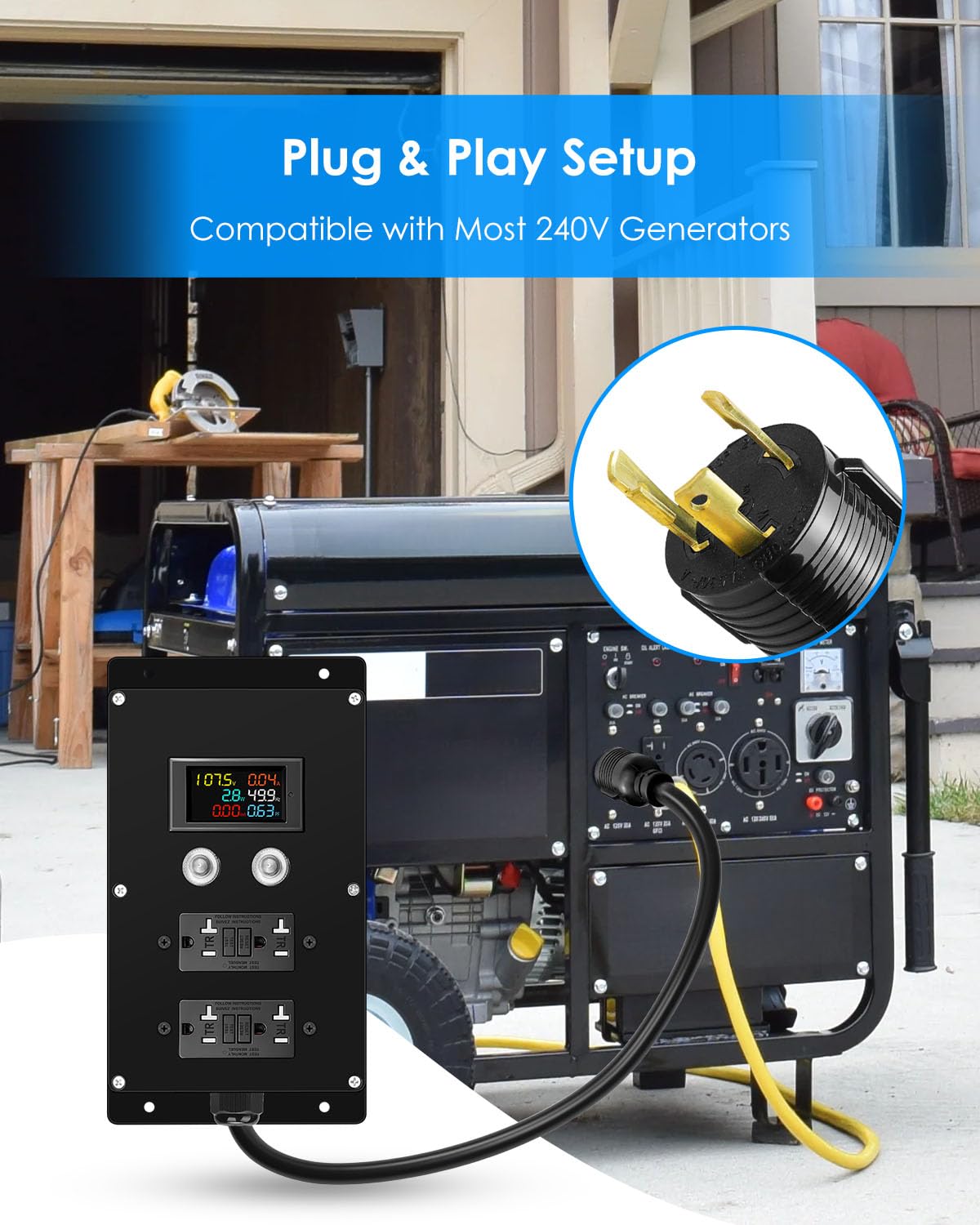 20A Portable Power Center with LCD Meter, Dual GFCI Outlets, 10AWG Cable, Generator Power Distribution Box for Camping, Job Site & Emergency Backup