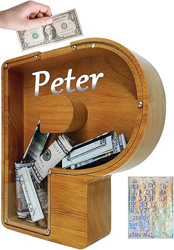 Miniatura 274 de Alcancía para niños y niñas, alcancía grande de madera personalizada con diseño recortado, bancos de monedas con letras del alfabeto, caja de ahorro