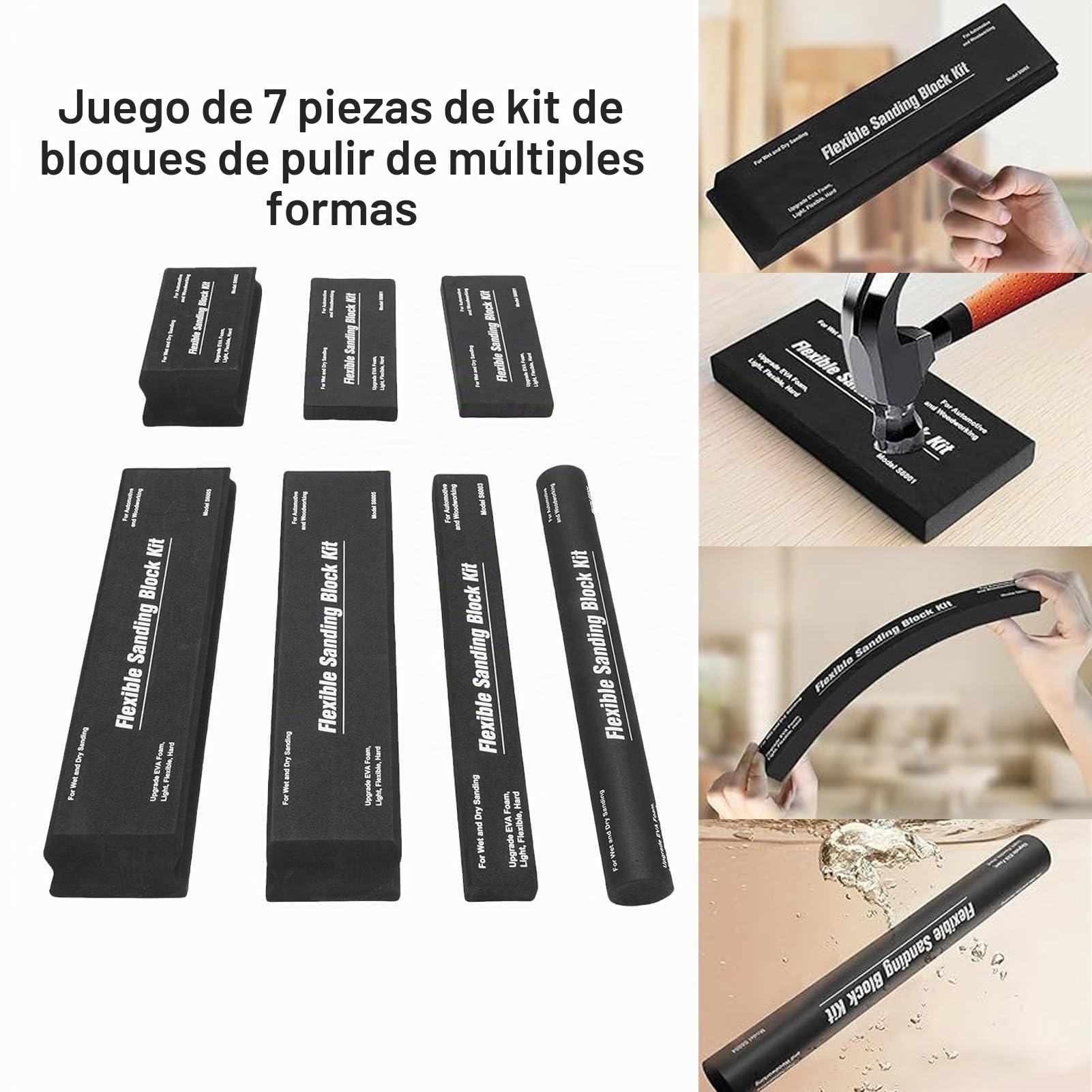 Bloque de lijado húmedo seco con 7 PC papel de lija, 7 unids negro Flexible Eva lijado Bloque, Flexible Eva lijado Bloque para Auto refinanciamiento Proyectos de carpintería Negro
