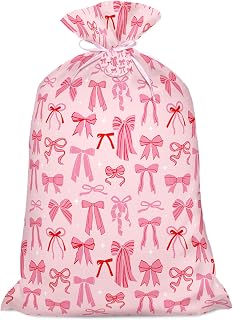 Laidans 56 Inch Extra Large Pink Bow Plastic Gift Bag for Girl Birthday | with Paper Tag, for Baby Shower, Bridal Wedding Party Favor Supplies