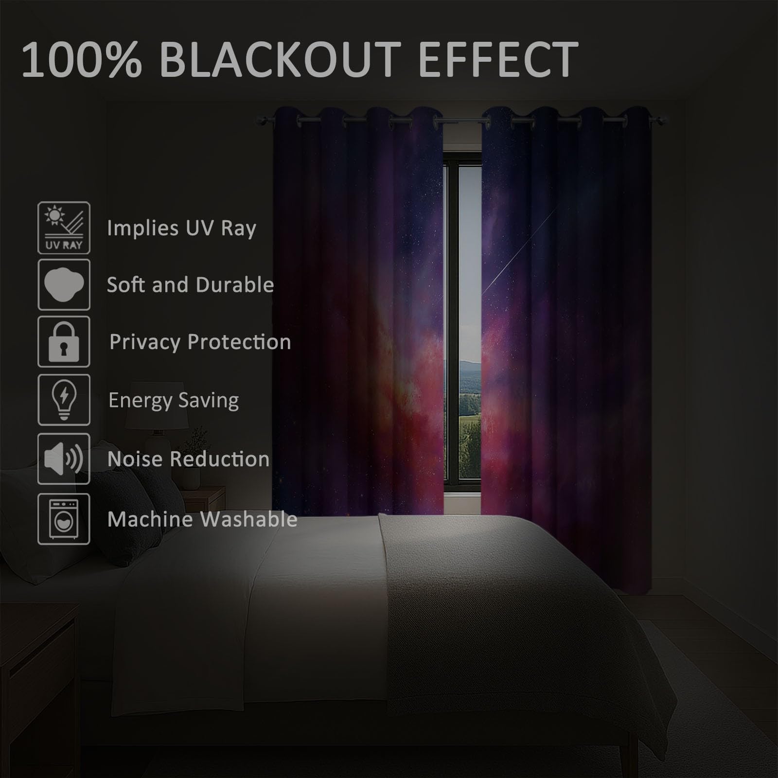 Générique Rideaux Occultants Météore Nébuleuse Lot de 2 Panneaux 140 x 260 cm, Isolation Thermique et Anti-Bruit à Œillets, Espace Univers Déco Douce pour Chambre Fille Violet Foncé
