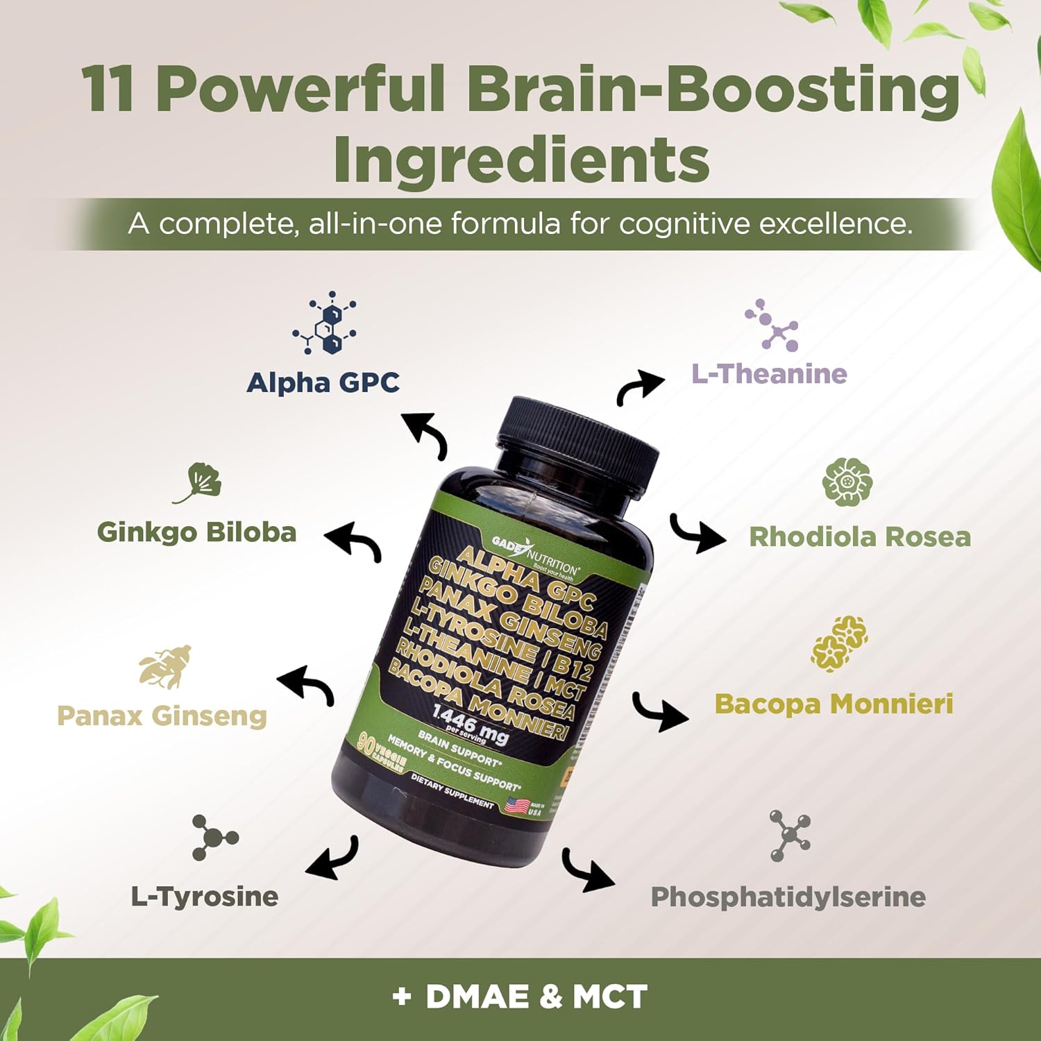 Gade Nutrition Alpha GPC + Ginkgo Biloba + Panax Ginseng + L- Tyrosine, L-Theanine, Bocopa Monnieri, Rhodiola Rosea, B12, MCT