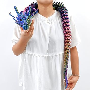 47-Inch 3D Printed Dragon Statue - Articulated Chinese Dragon with Movable Joints, Beard & Horns - Realistic Red Blue Gold Gradient Collectible Figurine for Home Display