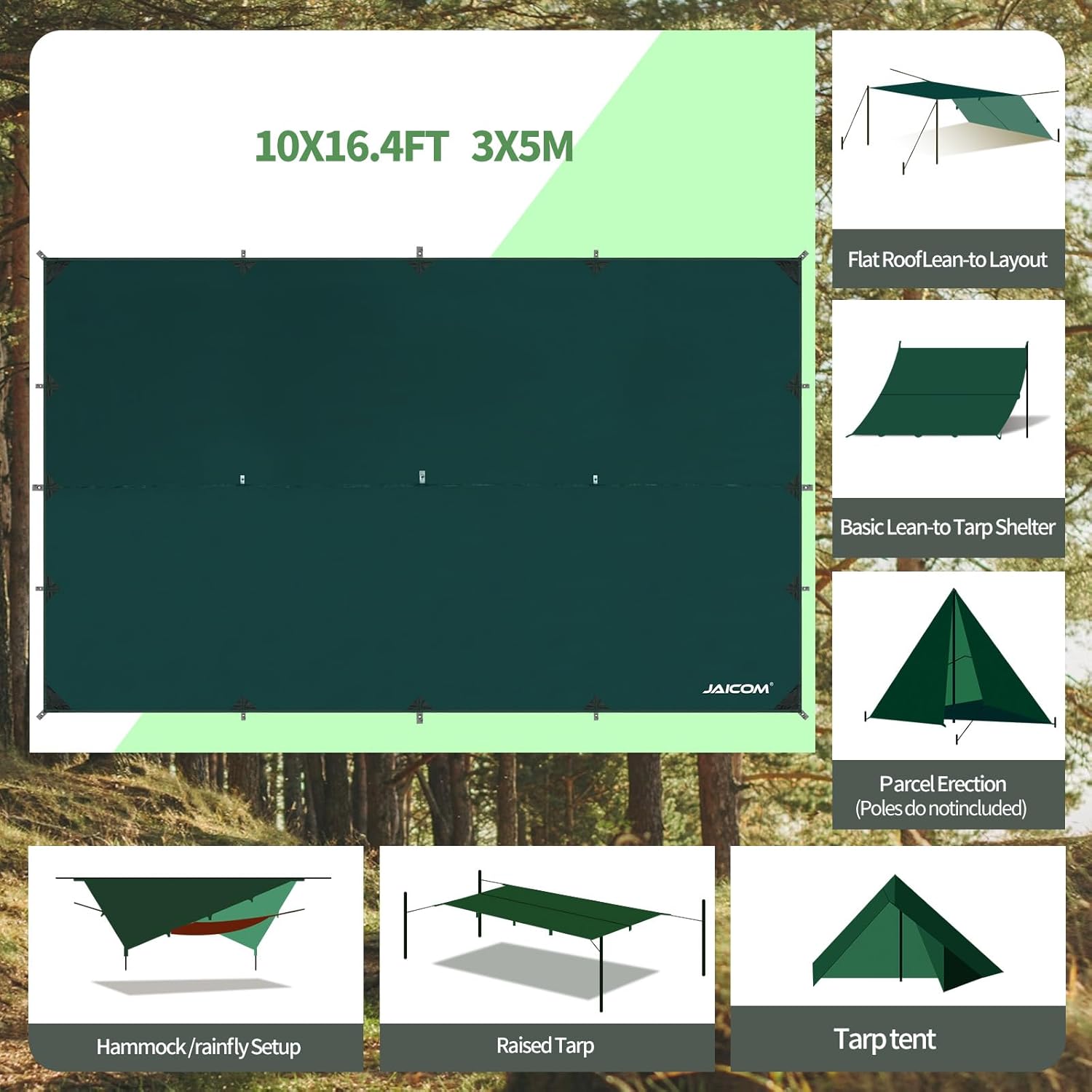 JAICOM Waterproof Camping Tarp - 10X16.4ft Hammock Rain Fly, Ultralight & Portable & UV Protection Backpacking Tarp, Multifunctional for Outdoor Adventure, Hiking, Tent, Hammock