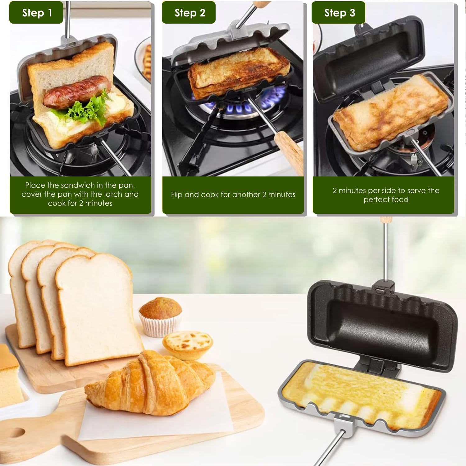 Poêle à Sandwich Amovible, Anti-Adhésive, Poêle à Sandwich, Poignée en Bois, Double Face, Moule à Sandwich, Poêle à Sandwich pour Petit Déjeuner, Crêpes, Toasts, Omelettes